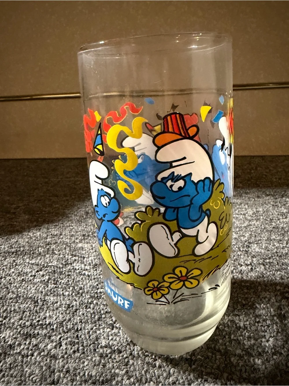 McDonald's Clear Glass Smurf Cup with Vintage 1983